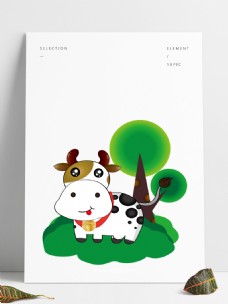 手绘简笔画动物奶牛植物树木装饰可商用元素