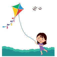 孩子卡通手绘小女孩放风筝矢量图