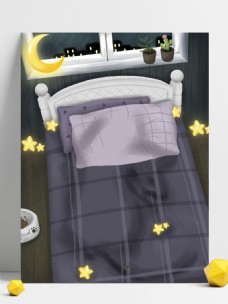 手绘卧室床铺晚安背景设计