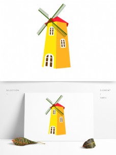 建筑卡通田园风车黄色手绘卡通欧洲建筑广告素材