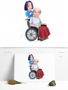 女人手绘帮老人推轮椅的志愿者女孩