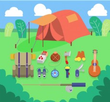 木柴草地上的红色帐篷和11款野营物