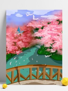 日本设计春季日本樱花园旅游背景设计
