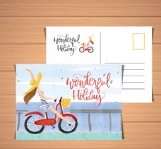 名片彩绘海边骑单车女子明信片