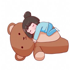 睡衣女孩爬熊上睡觉女孩插画