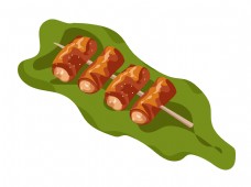 绿色蔬菜美味的烤串香肠插画