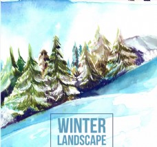 雪山风景水彩绘冬季雪山松林风景