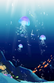 水彩效果水母海底背景