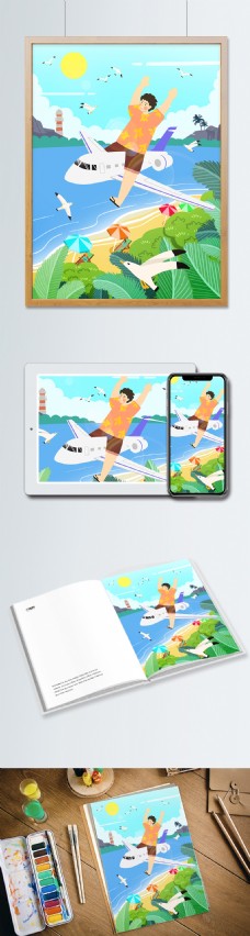 海边沙滩度假旅游宣传插画