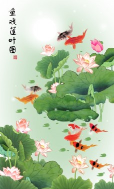 绿背景传统九鱼图玄关画
