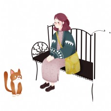 卡通坐在长椅上的女孩与猫元素