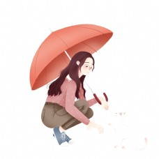 卡通蹲在地上撑伞的女孩与白猫元素