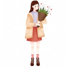 卡通可爱抱着花束的女孩元素