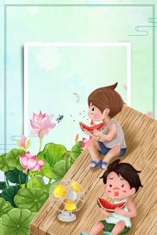 夏季小男孩吃西瓜背景图片