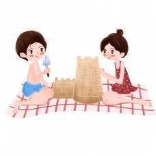卡通清新夏天堆城堡的两个小孩