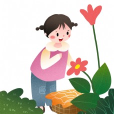 采花的小女孩插画